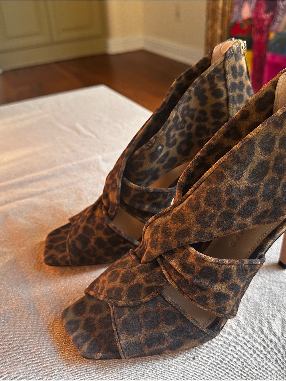 NEW - Veronica Beard Leopard-Print Brown Suede Peep-Toe Heels